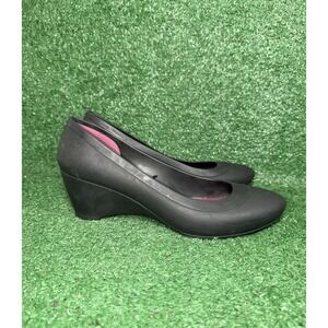 Crocs Lina Wedge Shoes Womens Size 10 Black Slip On Heel Casual Comfort Sandals